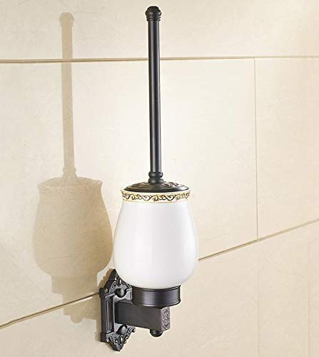 Cepillos de Inodoro, Tallado Europeo Wc Cepillo de Lujo de Lujo de Latón de Latón, Soporte de Cepillo de Baño con Accesorios de Baño de Cerámica Montados en la Pared, Negro,Negro