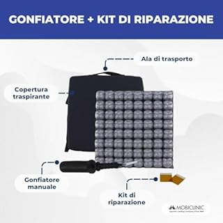 Mobiclinic®, Cuscino D'aria, Antidecubito e Antidecubito, Ideale per Sedie a Rotelle, 40x40x6 cm, Rivestimento Traspirante e Lavabile, Include Pompa e Kit di Riparazione, Q-AIR