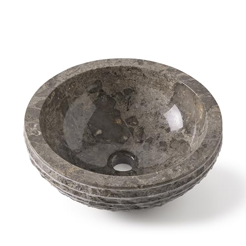 MG Valencia HORTA GREY Vasque à Poser. Lavabo Salle de Bain en Pierre Naturelle, Vasque a Poser Gris Ronde, Lavabo WC 100% Marbre, Sans Trou pour Robinet,...