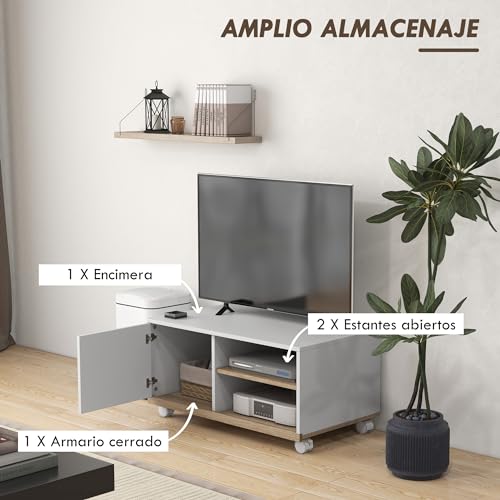 HOMCOM Mueble TV de Salón Moderno con Ruedas Mesa para Televisores de 42 Pulgadas Módulo TV con 1 Puerta y 2 Estantes de Almacenamiento 80x45x41 cm Blanco - imagen 5