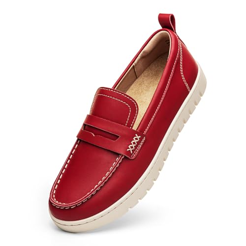 KORDAL Women's Comfortable Classic Penny Loafers Leather Sneakers Casual Slip On Dress Shoes Office Work Everyday Walking Flats Driving Shoes for Women, Red, 9 M US