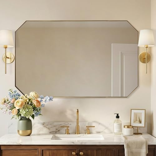 Image of ANDY STAR Gold Octagon Bathroom Mirror, 30x48 Inch Stainless Steel Metal Frame, Anti-Rust, Shatterproof HD Glass, Wall Mounted for Bathroom, Bedroom, Living Room
