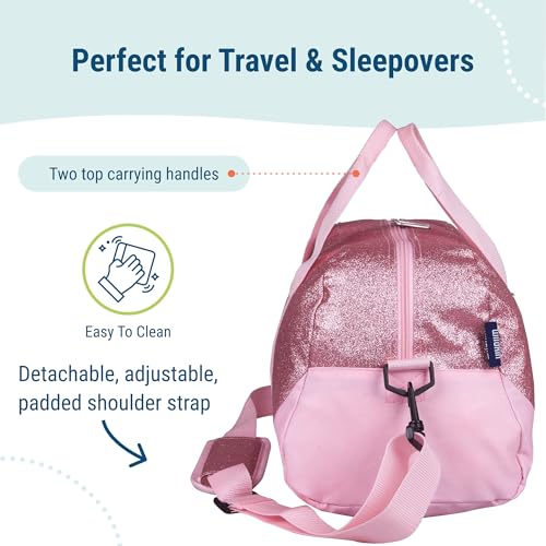 Image of Wildkin Kids Overnighter Duffel Bag - Carry-On Travel Bag for School & Sleepovers, Lightweight, Durable, Boys & Girls Ages 4-15 - Pink Glitter