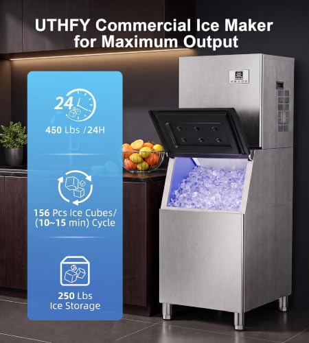 Image of UTHFY Commercial Ice Maker Machine 450Lbs /24H with 250Lbs Storage, Self-Cleaning Mode, Split Commercial Ice Maker, Ice Ready in 7-15 min, Stainless Steel Ice Maker for Bars /Cafes /Restaurants