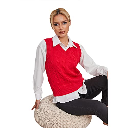 Fisoew Women's Sleeveless V-Neck Vintage Sweater Knitted Vest Casual Preppy Style Red #TOP2