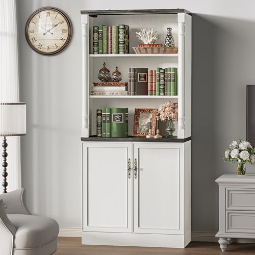 Image of 71'' Tall Bookshelf with Doors, Bookcase Storage Cabinet with 5-Tier & Adjustable Shelves, Wooden Deep Book Shelf for Living Room, Office, Antique White