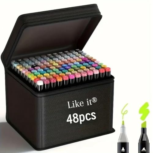 Image of like it 48 Colour Art Markers Set, Dual Tip, Brush & Fine, Sketch Marker, based Brush Markers for Sketching, Adult Coloring, and Illustration (48)