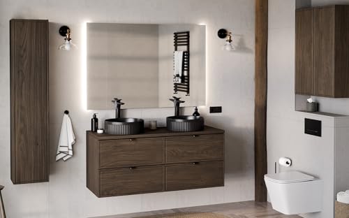 Deconation Ensemble Complet Salle De Bain 120 Cm + Plateau + Double Vasques Noires + Miroir + Colonne + 2 Meubles Hauts - Caldera Foncé