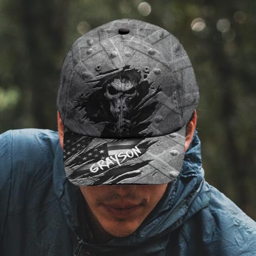 Image of Skull Baseball Cap for Men, Grim Reaper Death Crack Old Metal with Flag, Men's Hat, Adjustable Motorcycle Soft Caps