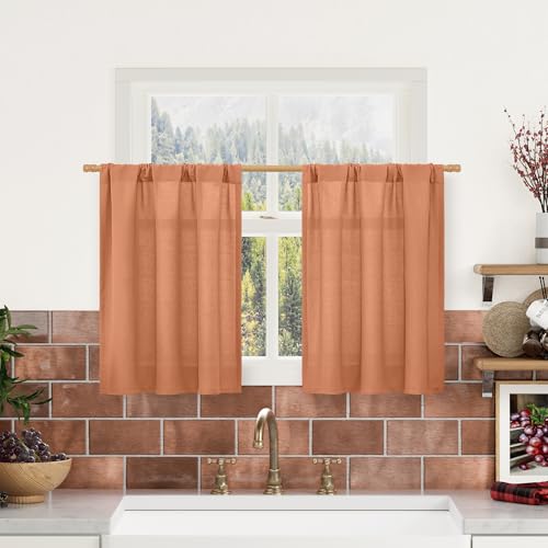 Image of LAMIT Semi Sheer Short Linen Curtains 24 Inch Length for Cafe, Terracotta