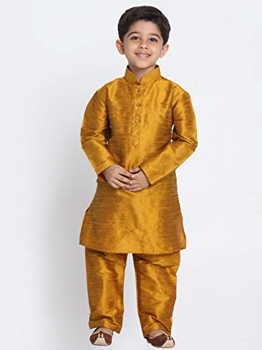 Image of VASTRAMAY Boys' Mustard Silk Blend Kurta Pyjama Set with Muslim Prayer Cap & Full-Length Slip-On Pyjama with Elastic Waistband - Ethnic Wear for Eid