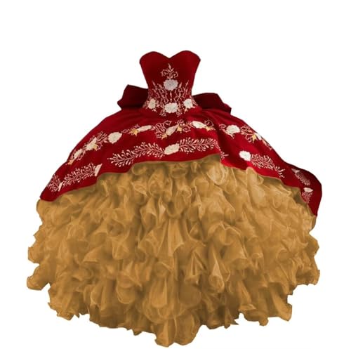 New Flowers Embroidered Mexican Quinceanera Dresses Charro Ruffles Sweet 15 Dress Bow Long Train 2025