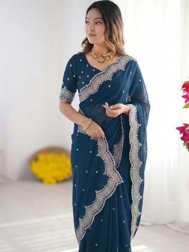 Image of SIRIL Women's Shimmer Georgette Scalloped Border Sequins Embroidery Saree with Unstitched Blouse Piece