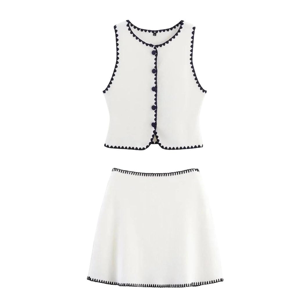 Women Knitted Vest And Skirt Set Two Piece Elegant Party Office Spring Summer Casual Suit