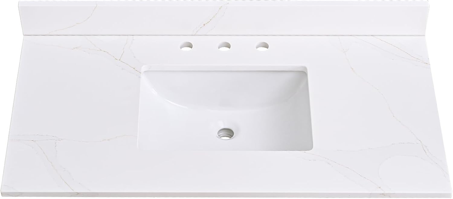 42" x 22" Vanity Top, Quartz Vanity Sink Top, with Undermounted Rectangular Sink & 4" Height Backsplash Countertop, Pre-Drilled 3 Faucet Holes for Vanity Top with Sink, Calacatta Oro