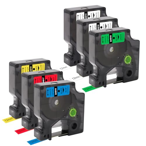 Molabel 6 cintas de etiquetas compatibles con Dymo D1 12 mm 45013 45010 45016 45017 45018 45019 12 mm x 7 m para LabelManager 160 280 100 210D 360D 420P, blanco/transparente/azul/rojo/Amarillo/Verde