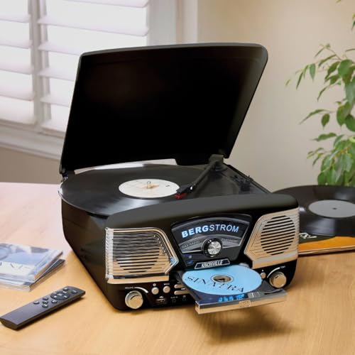 Coopers of Stortford - Knoxville Retro Music System with Bluetooth Connectivity - Vinyl Record Player with CD, Radio, and MP3 Recording Function (Black)