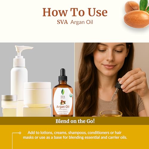 Image of SVA Organic Argan Carrier Oil, Glass Bottle with Dropper, 4 Fl Oz (118 ml) | Argan Oil for Hair Care, Scalp Care, Face Care, Facial Oil, Skin Care, Body Massage, Personal Care & DIY Beauty Blends