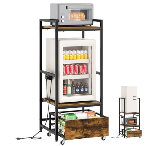 YATINEY Mini Fridge Stand with Movable Drawer, Microwave Stand with Power Outlet, Mini Fridge Shelf with Adjustable Shelves, Kitchen Bakers Rack for Dorm, Dining Room, Home, Rustic Brown HB05UBR