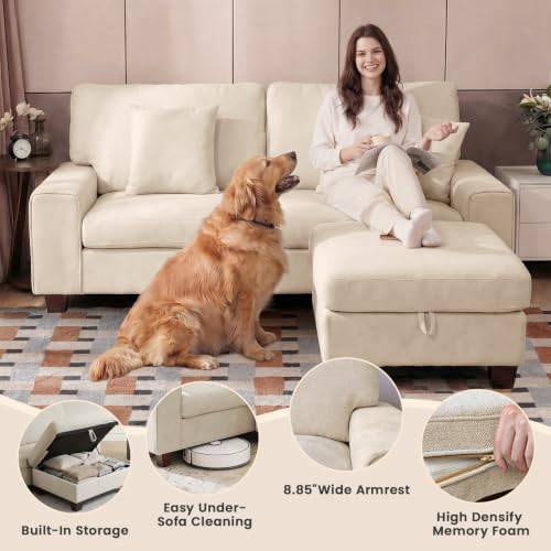 Image of DOPEDIO L-Shaped Sectional Sofa with Storage Ottoman, Modern Chenille Recliner Loveseat, Removable Couch Covers, Pocket Spring Cushions, Solid Wood Frame, Easy to Install (71.25inch, Beige)