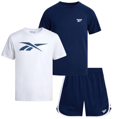 La mejor comparación de Camisetas y camisas deportivas para Niño los mejores 10. 48 Reebok - Conjunto de pantalones cortos deportivos para niños, 3 piezas, ropa de verano con camisetas gráficas y pantalones cortos para correr para niños activos, Azul Marino...