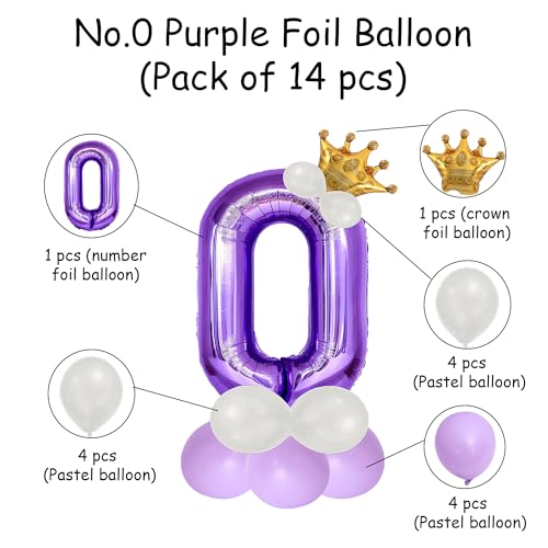 Image of Purple 0 Number Foil Balloon with Crown & Base Balloons | 32 Inch Helium Supported for Birthday, Anniversary, Baby Shower Decoration - Pack of 14
