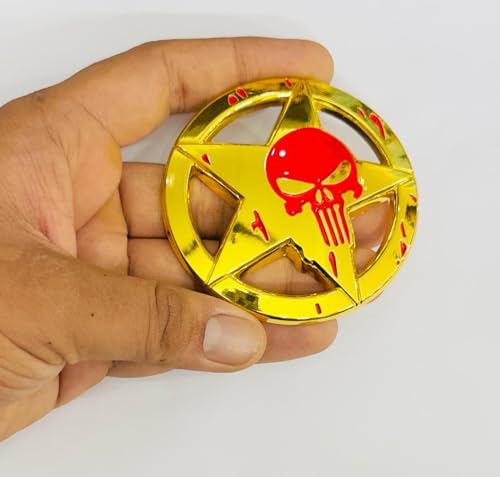 Image of Emblems for Car & Bike Metal Lo.go and Grill Me.tal Lo.go, Auto Accessories for Car Emblem 3D Badge Auto Racing Sport Sticker Grand Tourer Decal. (Round Star Skull Golden Punisher)