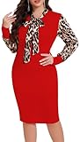 shengfan Women's Business Leopard Print Dresses Elegant Long Sleeve Tie V Neck Office Bodycon Pencil Dress for Work(92Red,XX-Large)