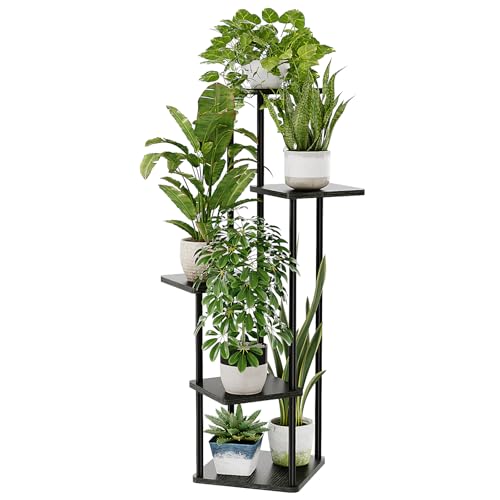 Bamworld Porta Piante da Interno ed Esterno a 5 Ripiani Nero– Fioriera in Legno e Metallo, Scaffale Moderno Salvaspazio per Vasi e Piante, Porta Vasi Decorativo per Giardino, Balcone, Soggiorno