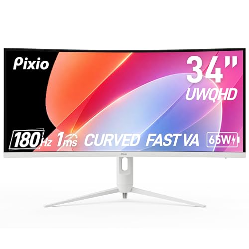 Pixio PXC348C Neo White 34" 180Hz Refresh Rate UWQHD 1440p Ultrawide Resolution 1000R Curve Fast VA Panel 1ms Response Time USB-C Displayport 65W Charging Adaptive Sync HDR Curved Gaming Monitor