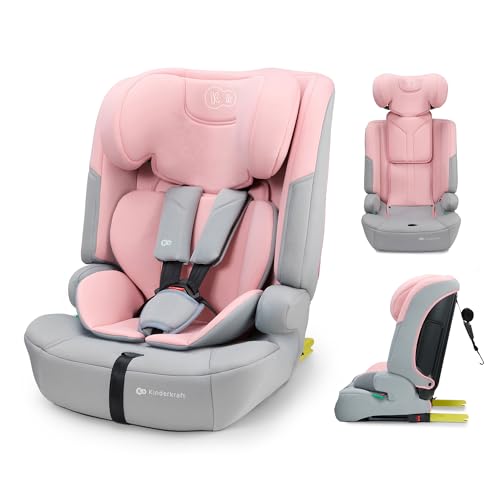 Kinderkraft SAFETY FIX 3 PRO I-SIZE 76-150 cm Seggiolino Auto 9-36 kg isofix, Alzatina auto bimbi, Poggiatesta regolazione, Cinture di sicurezza, extra TOP TETHER, Facile da pulire, Rosa