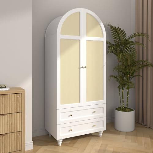 Wardrobe-Closet-Rattan-Freestanding-Bedroom-Armoire-with-2-Drawers-and-Hanging-Rod-748-Tall-Wardrobe-Storage-Cabinet-for-Living-Room-Bedroom-Apartment-White Wardrobe Closet Rattan Freestanding Bedroom Armoire with 2 Drawers and Hanging Rod 748 Tall Wardrobe Storage Cabinet for Living Room Bedroom Apartment White