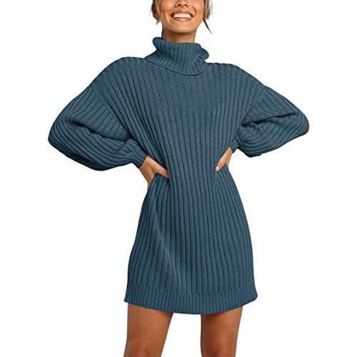 Meenew Women Sweater Dress Turtleneck Lantern Sleeve Oversized Pullover Dress M Dark Blue
