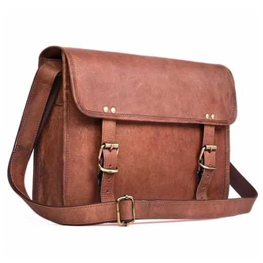 Bolsa carteiro pequena de couro genuíno marrom, perfeita para iPad e laptop pequeno, bolsa de ombro envelhecida vintage, Marrom, 14 INCH