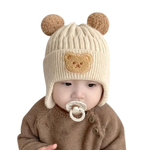 IMLECK Earflap Hat Cute Bear Double Ball Beanie Cap Winter Warm Knit Hat for Toddlers Baby Girls and Boys