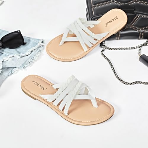 Image of Ataiwee Women's Flat Slide Sandals - Comfortable Open Toe Design,Casual Slip-On with Ankle Strap,Hook-and-Loop Closure Summer Sandals.