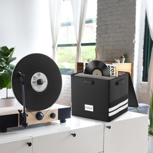 onvvippiv Vinyl Record Storage Box with Lock, Fireproof Waterproof Resistant Record Organizer for 100+ 12 inch Records Collapsible Storage Box with Handles for Album Collection Black
