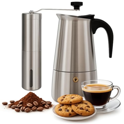Cafetera italiana - Cafetera Italiana inducción - PACK Con Molinillo - Cafetera Italiana acero inoxidable - Cafetera 6 tazas(300 ml)- Compatible con todo tipo de cocinas:gas, vitrocerámica e inducción