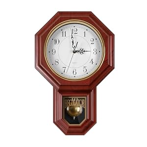 Regulator Wall Clock with Pendulum,Imitation Red Wood Plastic Wall Clock Battery Operated,Vintage Decorative Wall Clocks for Living Room,Farmhouse,Office,Bedroom,Kitchen,Wall Decor