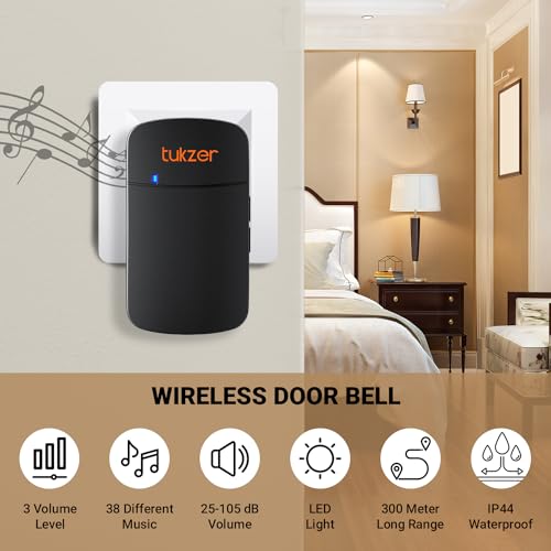 Tukzer Wireless Door Bell, Waterproof Door Bell Chime Kit for Home Office with LED Light Up to 300 Meter Operating Range 38 Ringtones, 1 Receiver and 1 Push Button