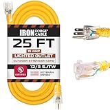 IRON FORGE CABLE 25 ft Lighted Outdoor Extension Cord - 12/3 SJTW Heavy Duty Yellow Extension Cable Extension Cable with 3 Prong Grounded Plug for Safety, 15AMP -Great for Garden and Major Appliances