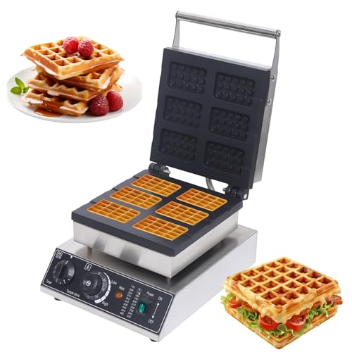 6-Slice Belgian Waffle Maker, 1500W Non-Stick Square Classic Waffle Iron, Large Plates Electric Taiyaki Machine with 122-572? Adjustable & Cool Touch Handles for Family Breakfasts, Stainless Steel
