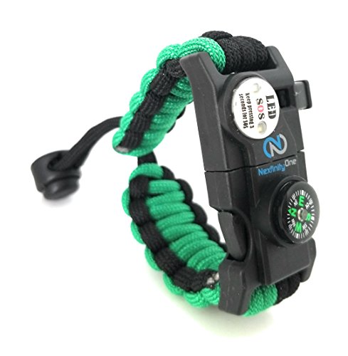Nexfinity One Survival Paracord Bracelet - Tactical Emergency Gear Kit With Sos Led Light, 550 Grade, Adjustable, Multitools, Fire Starter, Compass, And Whistle - Set Of 2 (Green) #TOP7