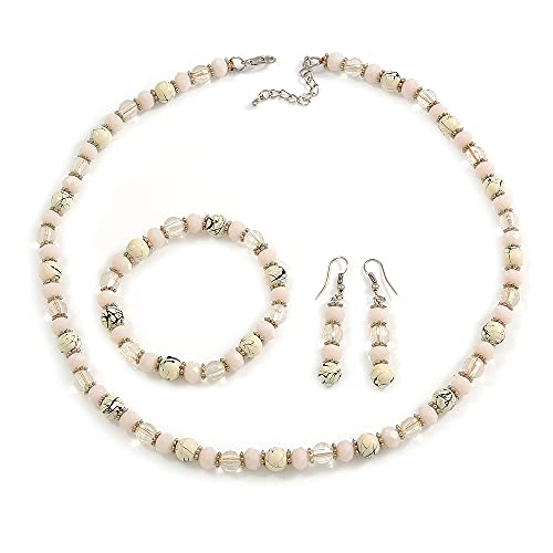 Juego de collar de cristal transparente y cerámica con pendientes y pulsera de 48 cm