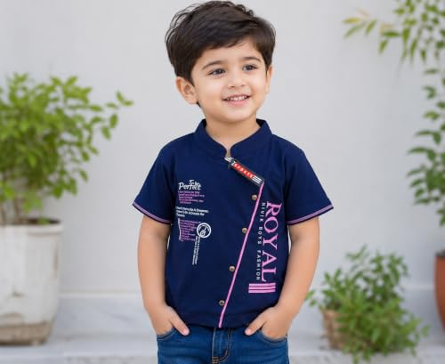 Image of NIVIK Printed Cotton T-Shirts. Stand Collar T-Shirt for Boys