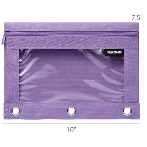 Image of SPACEMATE 2 Pack Pencil Pouch for 3 Ring Binder, Clear 3-Hole Zipper Case | Metal Grommets, School Supplies Organizer for Girls, Boys & Kids, Preppy Aesthetic Style, 1 Pack, Purple