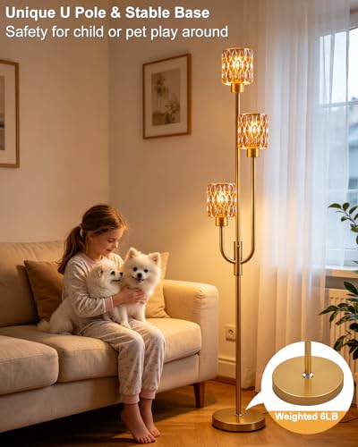 Image of 66IN Glass Floor Lamp 3-Lights Modern Gold Dimmable Floor Lamps with 3000K Warm White Bulbs for Wedding Party Tall Standing Lamp with Amber Glass Shade for Living Room /Bedroom /Home Decor