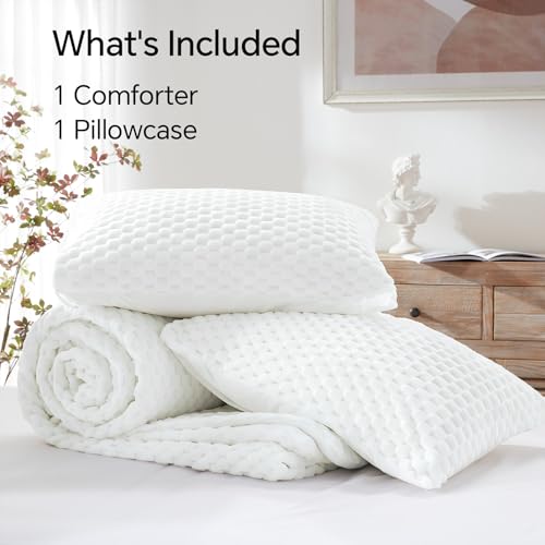 Image of BEDELITE Fluffy Twin Comforter Set - Bright White Fleece Soft Comforter for Twin Size Bed, Luxury Warm Bedding Set for Winter, Fuzzy Bed Set 2 Pieces (1 Comforter, 1 Pillowcase)