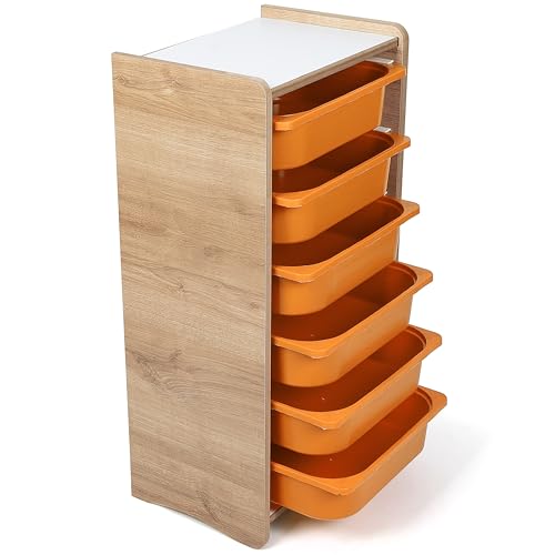 Industrial Living Armadio per bambini con 6 cassetti arancioni - Armadio per bambini - Armadio per giocattoli - Armadio portaoggetti - Libreria - Legno - Noce