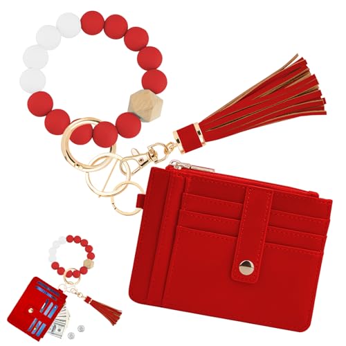 Image of KNGITRYI Wristlet Wallet for Women,RFID Keychain Wallet with Beaded Strap | 8 Card Slots,ID Window,Zipper Pocket,Leather Tassel,Compact Design